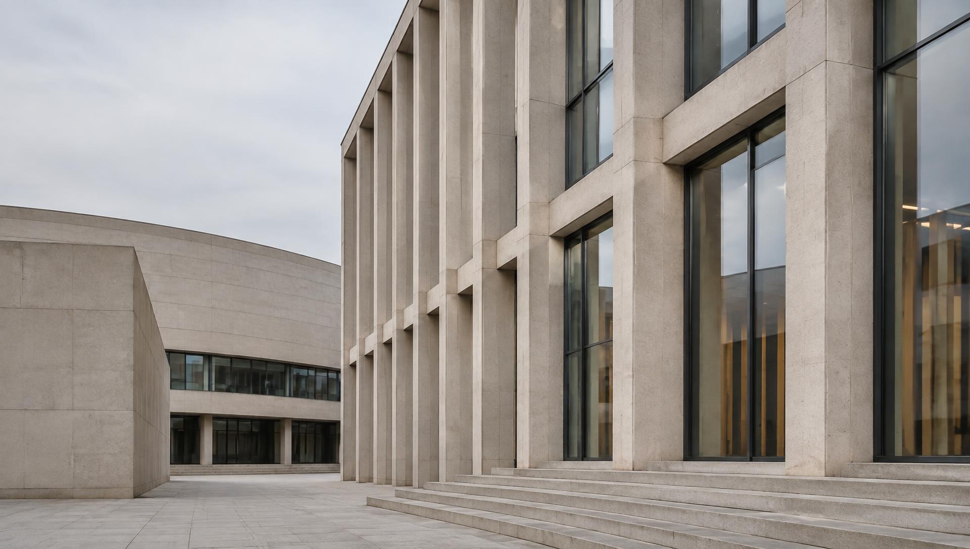 Cropped architectural detail of textured concrete and structural glass under low natural light