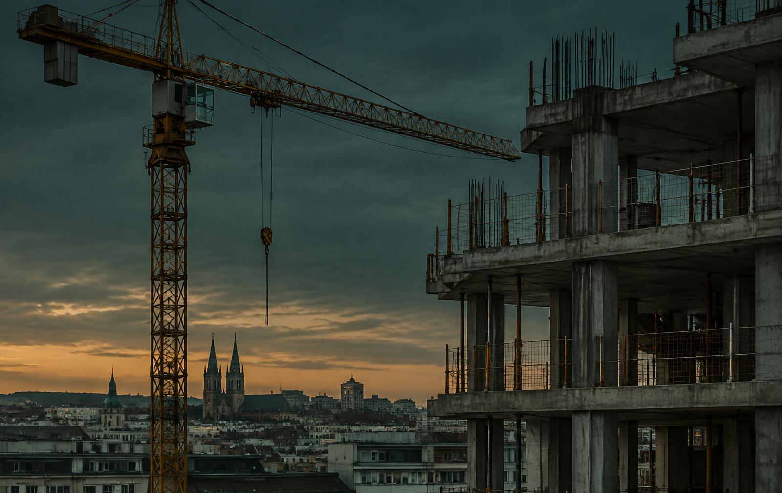 Structural detail of reinforced concrete and geometric framing on a Lisbon development site
